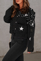 Chaqueta vaquera informal de manga larga con cuello vuelto y cuentas lisas (3 colores)